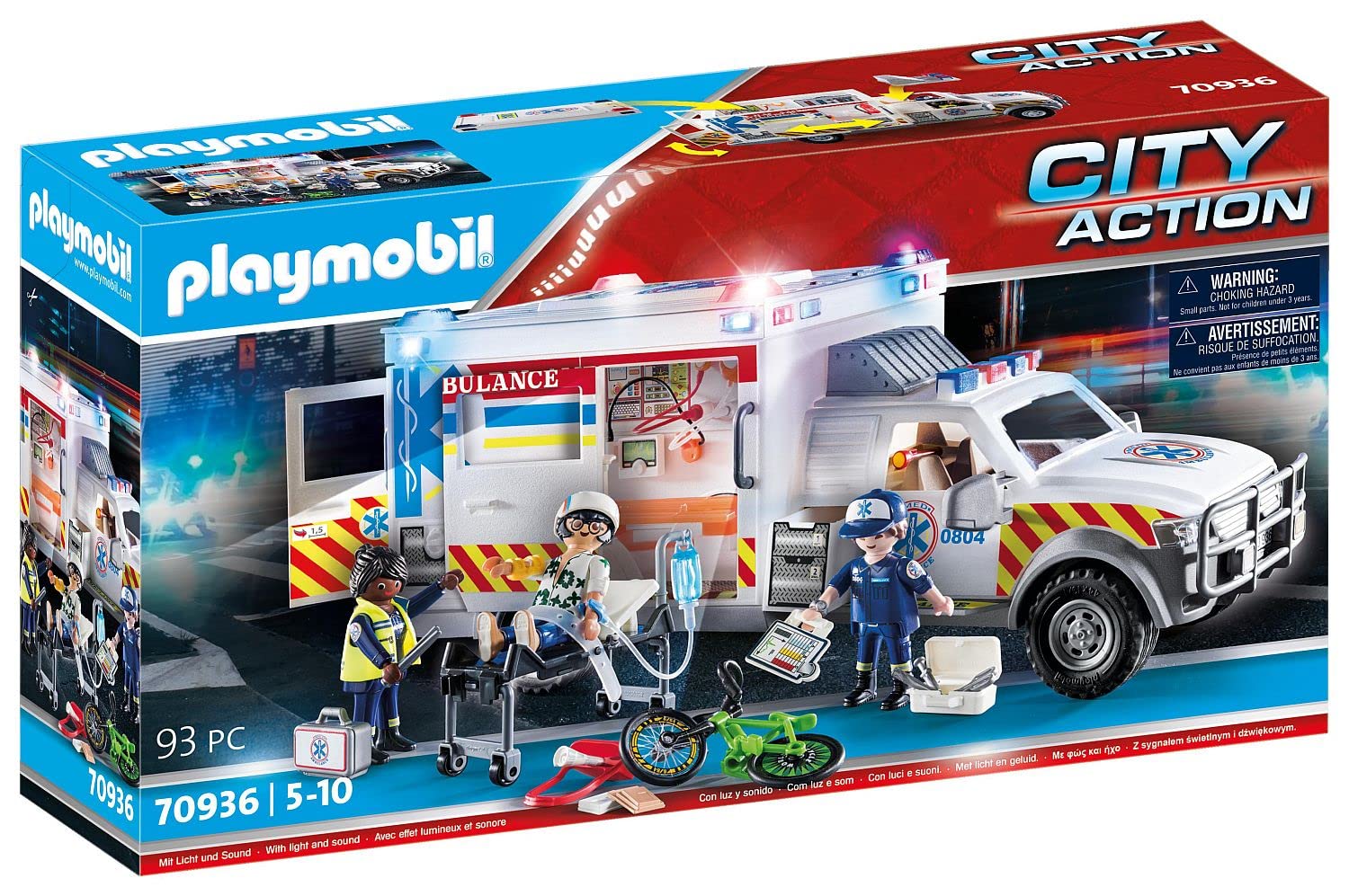 Playmobil City Action 70936 Rescue Vehicle: Ambulance with Lights, With Light and Sound, Ambulance Toy for Children Ages 5+