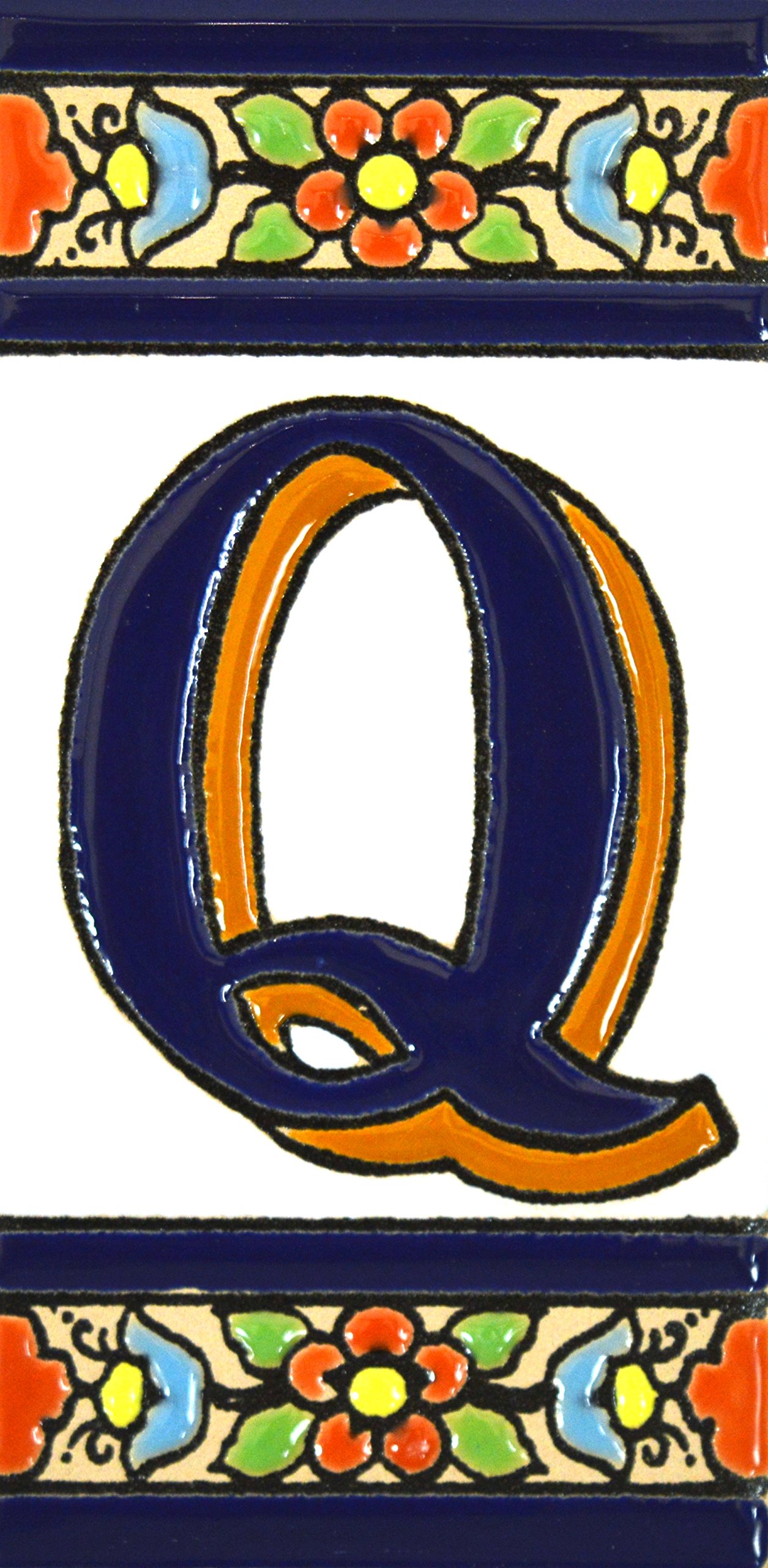 House letters 4 inch. Handpainted house letter tiles for signs, addresses and names. Address numbers for houses. House address numbers and letters. Design FLORES MEDIANO 4,29" x 2,13" (LETTER Q)