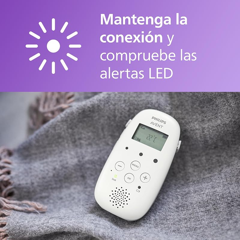 Philips Avent vigilabebés con Audio DECT con luz Nocturna y Canciones de Cuna, intercomunicador bidireccional, 330 m de Alcance y 18 h de Uso, conexión Segura, Sensor de Temperatura, SCD713/26