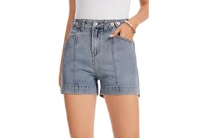 Metietila Women's High Waist Stretchy Denim Shorts Slimming Straight Leg Casual Summer Shorts with Adjustable Buttons