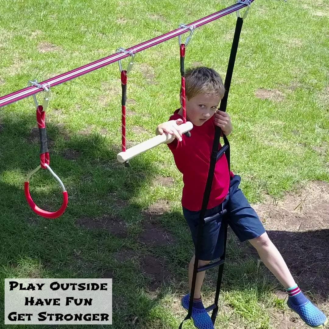 Fofana Ninja Warrior Obstacle Course for Kids - 65' Longest Ninja Slackline | 9 Awesome Obstacles | Play Outside + Have Fun + Get Stronger | Ninja Line Monkey Bars: Toys & Games