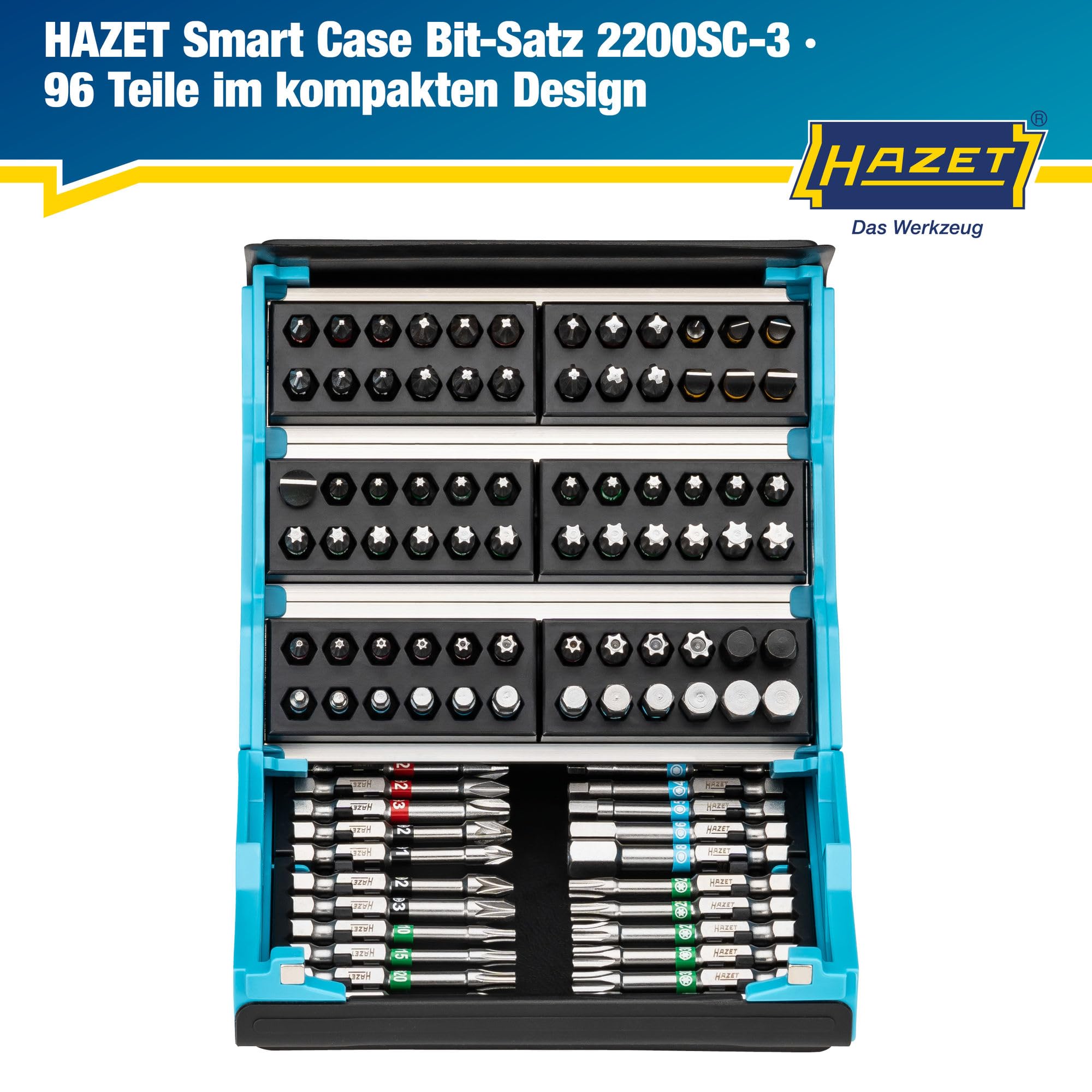 HAZET Smartcase Bit-Satz 2200SC-3 I 96-teilig, Antrieb: Sechskant 6,3 (1/4 Zoll), maximal viele Werkzeuge auf kleinstem Raum für beste Übersicht I klappbarer Werkzeug-Satz Made in Germany 2