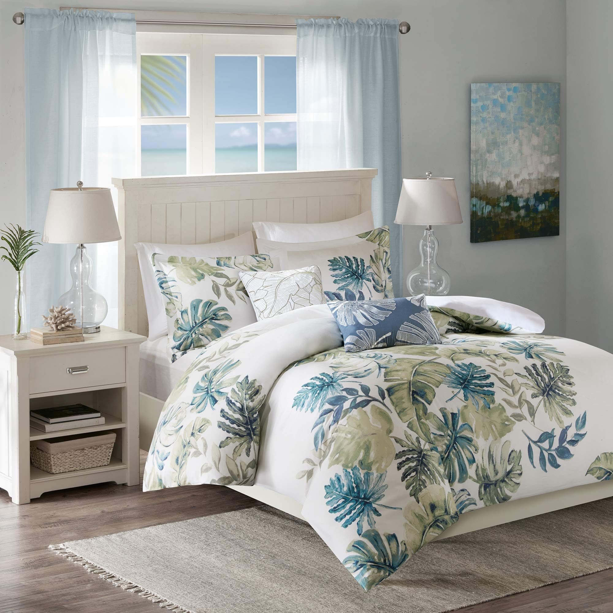 Cotton Duvet Set-Coastal, Beach Cottage Design All Season, Breathable Comforter Cover Tropical Bedding, Matching Shams, Queen(90"x90"), Monstera Leaf Green 5 Piece