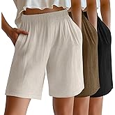 Riyiper 3 Pack Women's Linen Shorts Elastic High Waist Bermuda Wide Leg Summer Casual Lounge Short with Pockets