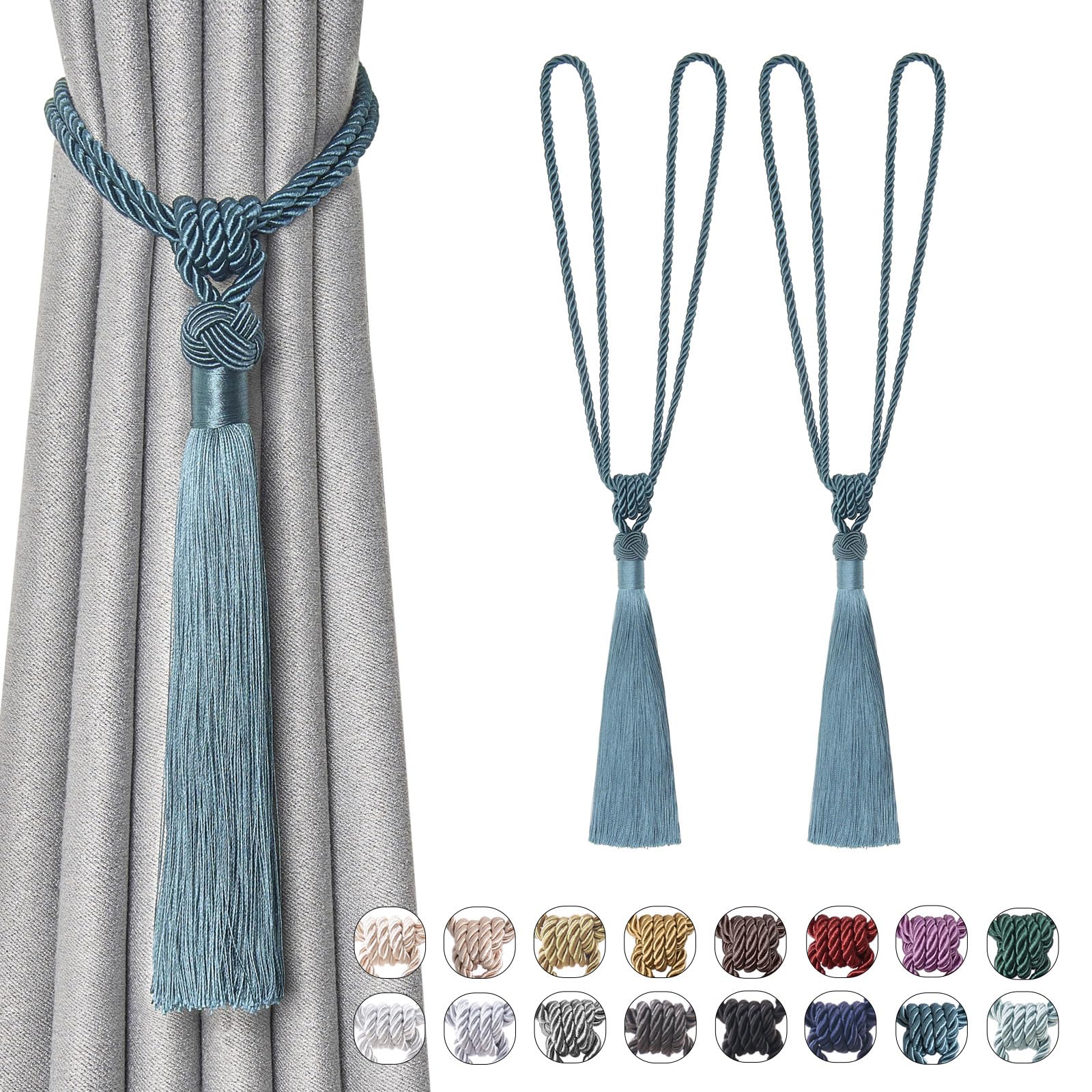 Pretty Jolly 2 Pack Long Tassel Curtain Tiebacks Handmade Braided Rope Knot Drape Tie Backs European Style Decorative Curtain Holdbacks for Home & Office Window Drapery (Teal)