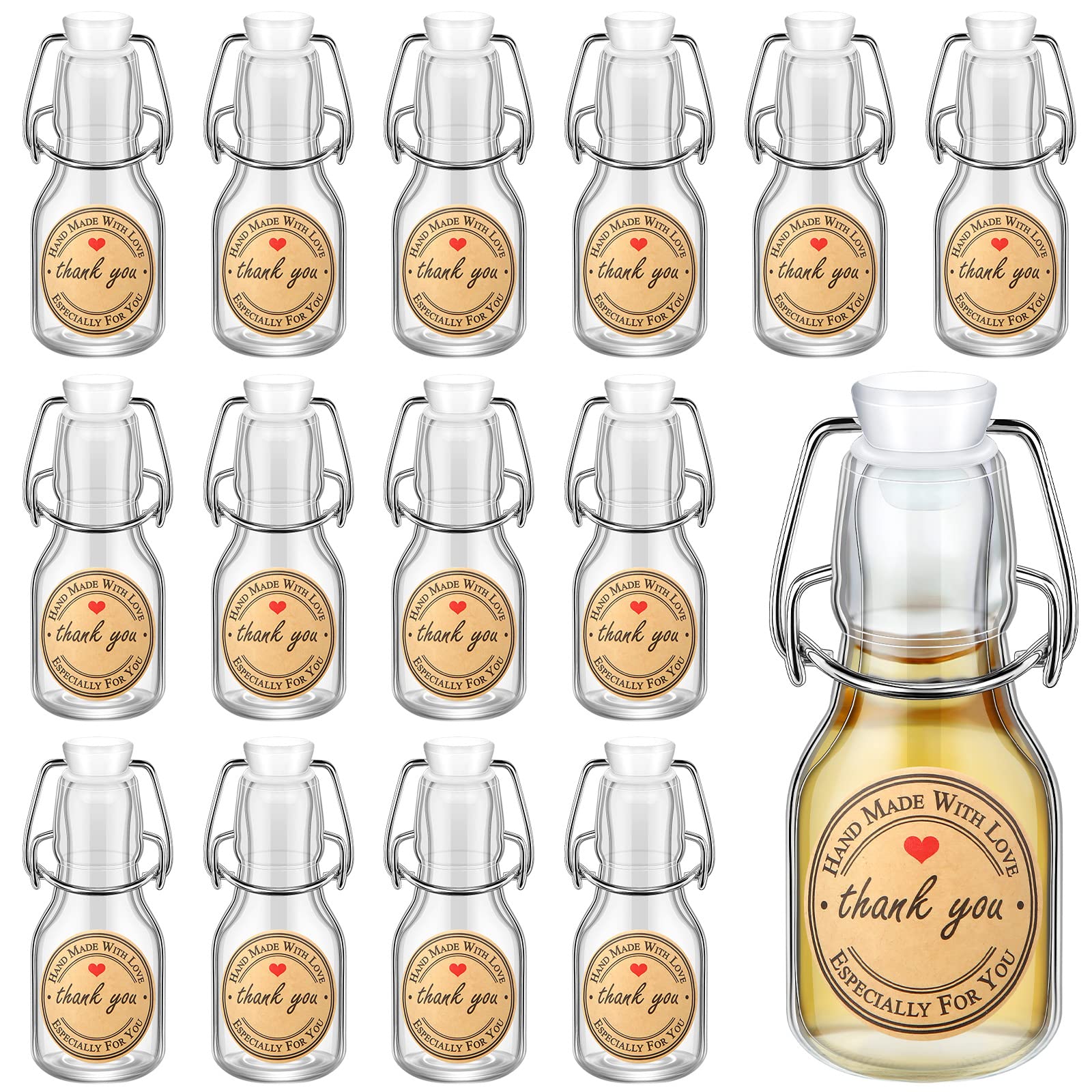 Photo 1 of Queekay 20 Pcs Mini Flip Top Glass Bottle with Stoppers Decorative Swing Top Bottles with Lids Kraft Adhesive Round Stickers for Homemade Vanilla Extract Wedding Themed Party Favors(2 oz)