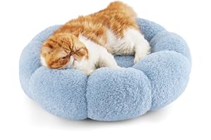 LE SURE Lesure Calming Cat Beds for Indoor Cats - Cute Flower Pet Beds in Teddy Sherpa Plush, Donut Round Fluffy Puppy Bed, Non-Slip Extra Small Dog Bed Fits up to 15 lbs, Machine Washable, Blue 20"
