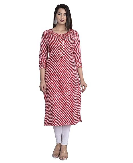 Women Jaipuri Printed Cotton Kurta (Lehariya,Pink)