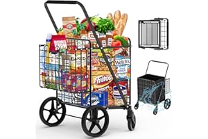 RXUJYC 450lbs Capacity Shopping Cart,Upgrade Huge Grocery Cart on Wheels,Heavy Duty Foldable Utility Shopping Carts with Double Basket and 360° Rolling Swivel Wheels for Groceries Laundry Transport 1