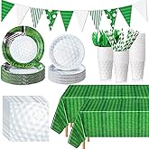 FillTouch 195 Pcs Golf Party Supplies 24 Guest Disposable Dinnerware with Golf Tablecloth 9" and 7" Paper Plates Cup Napkin Plastic Fork Knives Spoon and Banner for Golf Birthday Decorations