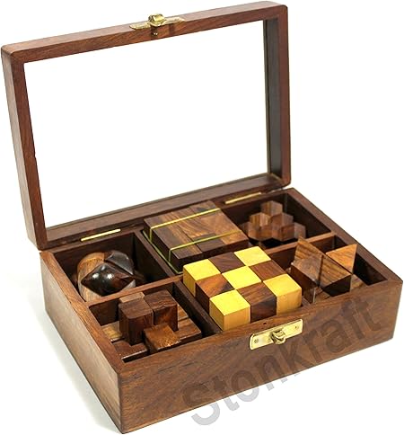 StonKraft 6-in-One Wooden Puzzle Games Set 3D Puzzles for Teens and Adults (Wooden)
