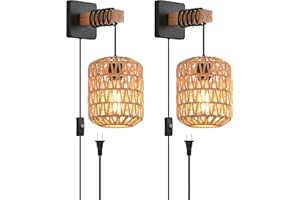 Boho Rattan Wall Sconce Set of 2, Indoor Rustic Wall Lamp with Wooden Accent, Woven Rattan Shade Wall Lighting Fixture for Be