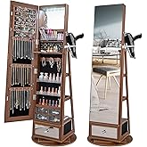 CHARMAID 360° Swivel Jewelry Cabinet Armoire 64.5" H, Full Length Mirror with Jewelry Storage, 6 LEDs Lockable Jewelry Organizer, Rear Storage Shelves, Large Drawer, Hairdryer Holder (Walnut)
