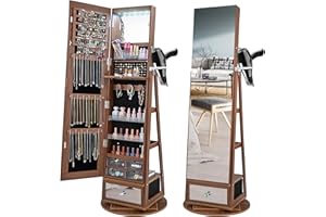 CHARMAID 360° Swivel Jewelry Cabinet Armoire 64.5" H, Full Length Mirror with Jewelry Storage, 6 LEDs Lockable Jewelry Organi