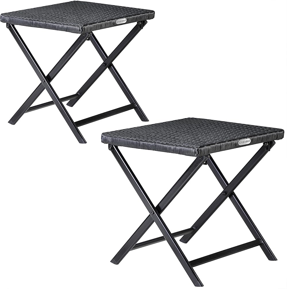 CASARIA 2x Small Poly Rattan Coffee Table Foldable Stool Weatherproof Black