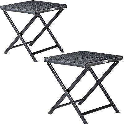 CASARIA 2x Small Poly Rattan Coffee Table Foldable Stool Weatherproof Black