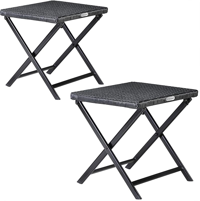 CASARIA 2x Small Poly Rattan Coffee Table Foldable Stool Weatherproof Black