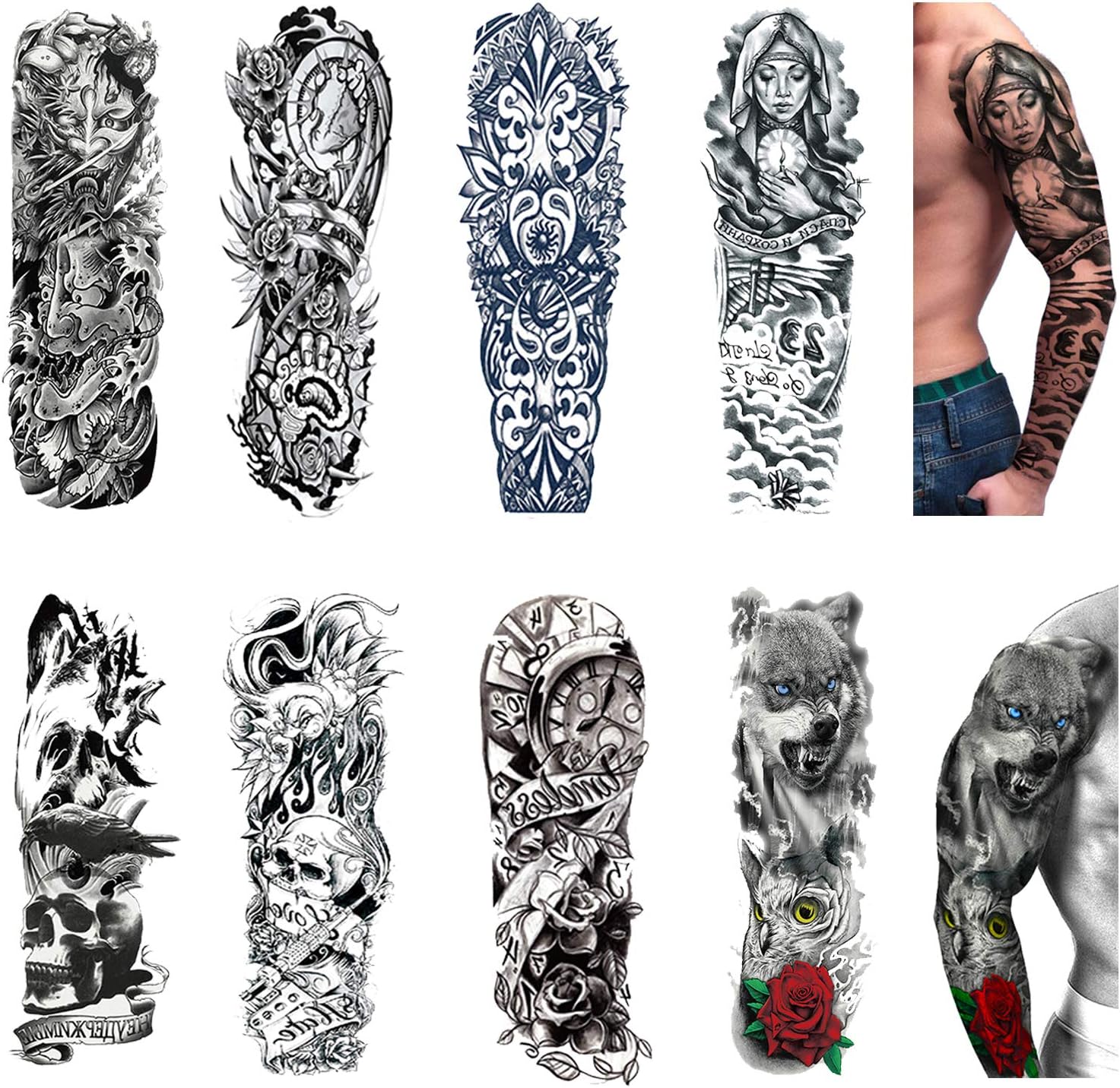 Temporary Tattoos 8 Sheets,Black Full Arm Tattoo Body Stickers for Men Women Adults Kids
