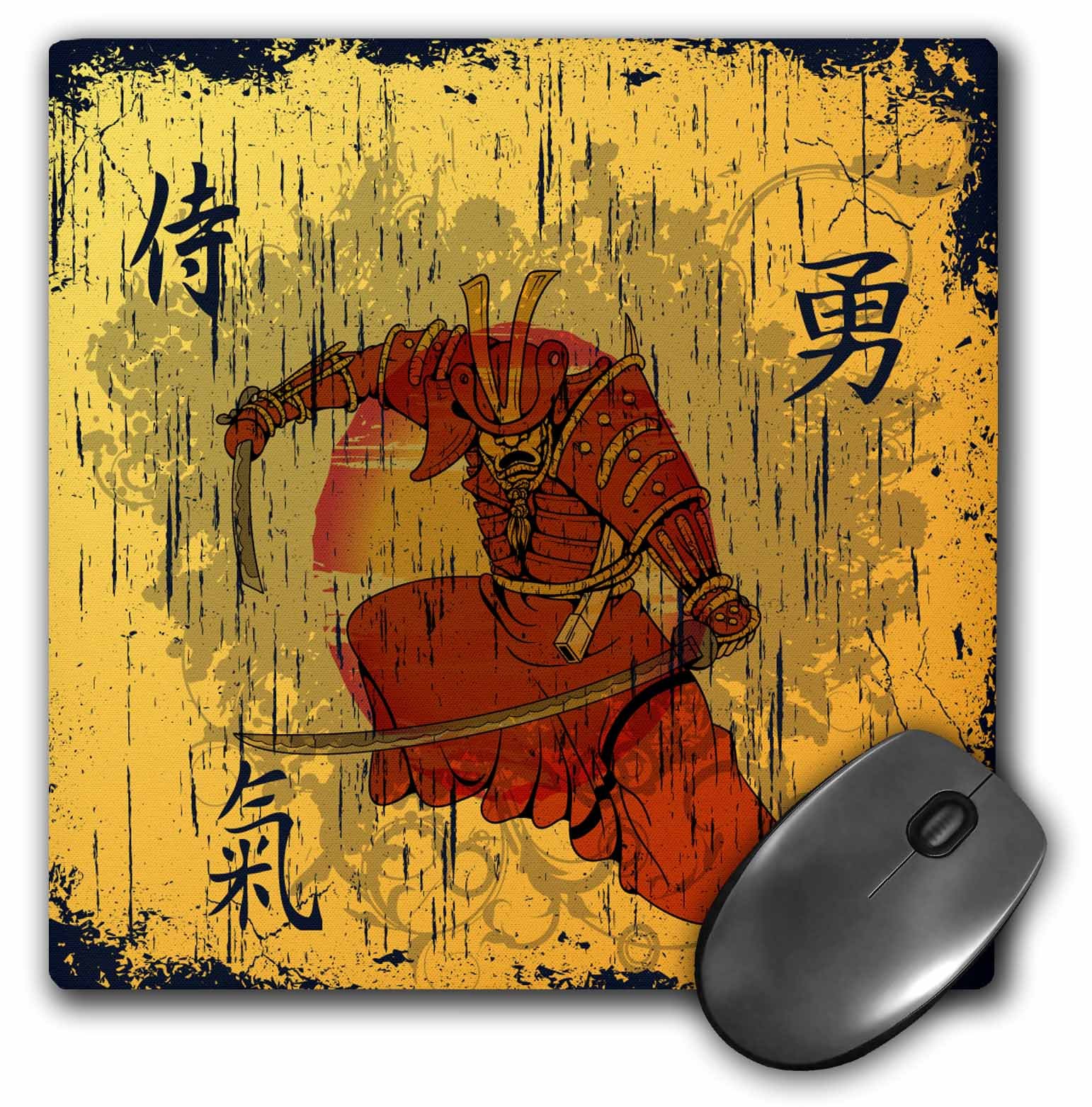 3dRose LLC 8 x 8 x 0.25 Inches Mouse Pad, Japanese Samurai with Swords Kanji Brave Energy Samurai Symbols Oriental Design (mp_116373_1)