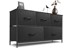 Sonharlar Dresser for Bedroom with 5 Drawers, Chest of Drawers, Storage Drawers Organizer Unit, Black Wide Fabric Dresser with Fabric Bins for Closet, Living Room, Entryway (Black and Charcoal Black)