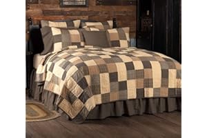 VHC Brands Kettle Grove California King Quilt 130Wx115L Primitive Country Patchwork Design, Country Black and Creme