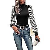 SOLY HUX Women's Striped Bishop Long Sleeve Mock Neck T Shirt Rib Knit Tee Top