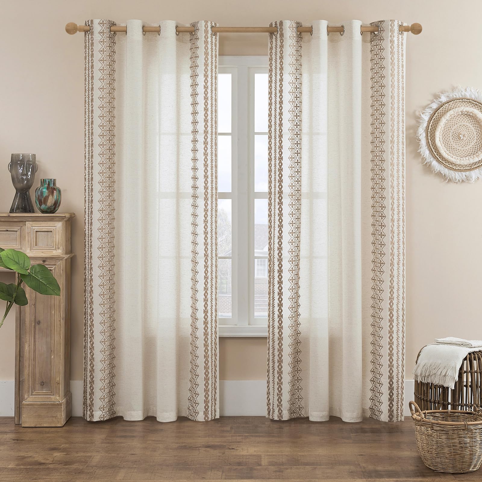Photo 1 of Cream Curtains 108 Inches Long for Living Room Bedroom Curtains 2 Panels set Grommet Semi Sheer Flax Linen Drapes for High Ceiling to Floor Length Sliding Glass Doors, 52x108 Inch Length, Taupe
