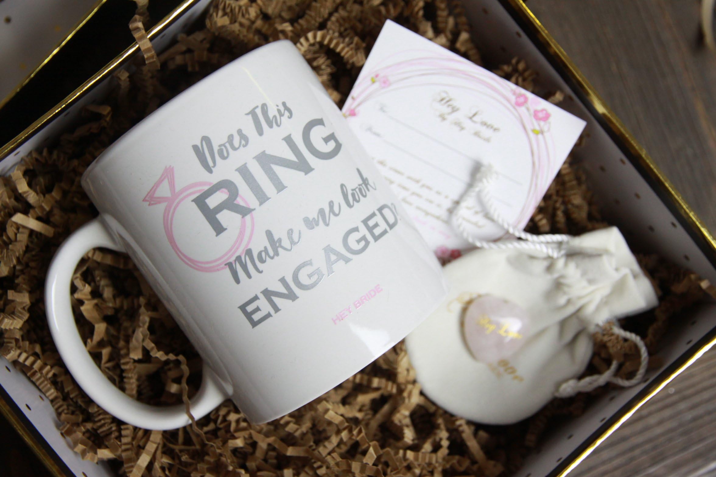 OMG Youre Engaged! Cute Gift Set - Does This Ring Make Me Look Engaged? Mug and Hey Love, Rose Quartz Love Amulet - Beautiful Wrapped