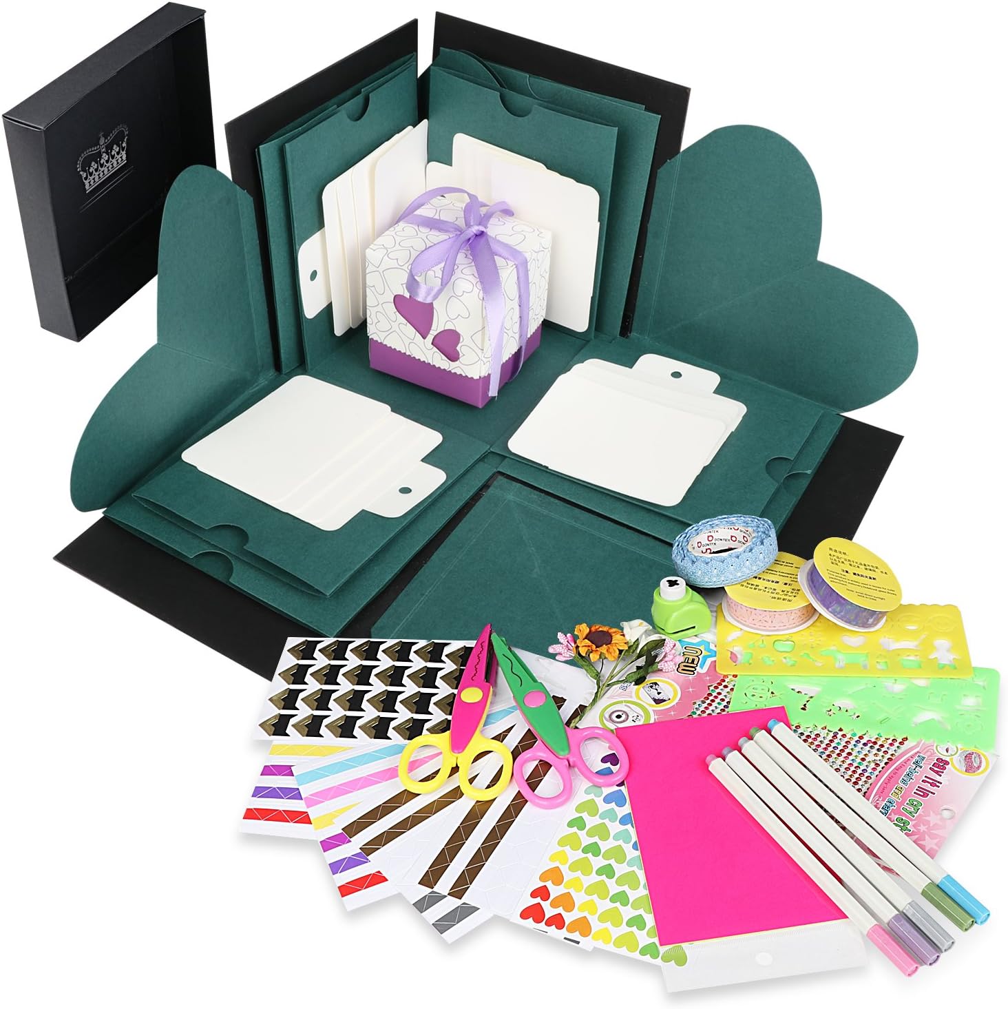 Explosion Box Scrapbook DIY Photo Album with 12 Funny Cards and 15 Kinds of DIY Accessories Kit Birthday Anniversary Valentine Wedding Gift (Green)