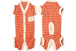 TONY HOBY Female/Male Pet Dog Pajamas Stripes 4 Legged Dog pjs Jumpsuit Soft Cotton Dog Clothes (L, Orange+White-Boys)