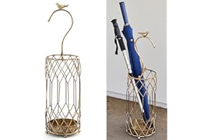 SMQLJXC Umbrella Stand Rack, Gold Round Umbrella Holder for Entryway, Canes Walking Sticks Holder, Metal Entry Hallway Decor for Home Office, with Removable Drip Tray and Bird Handle