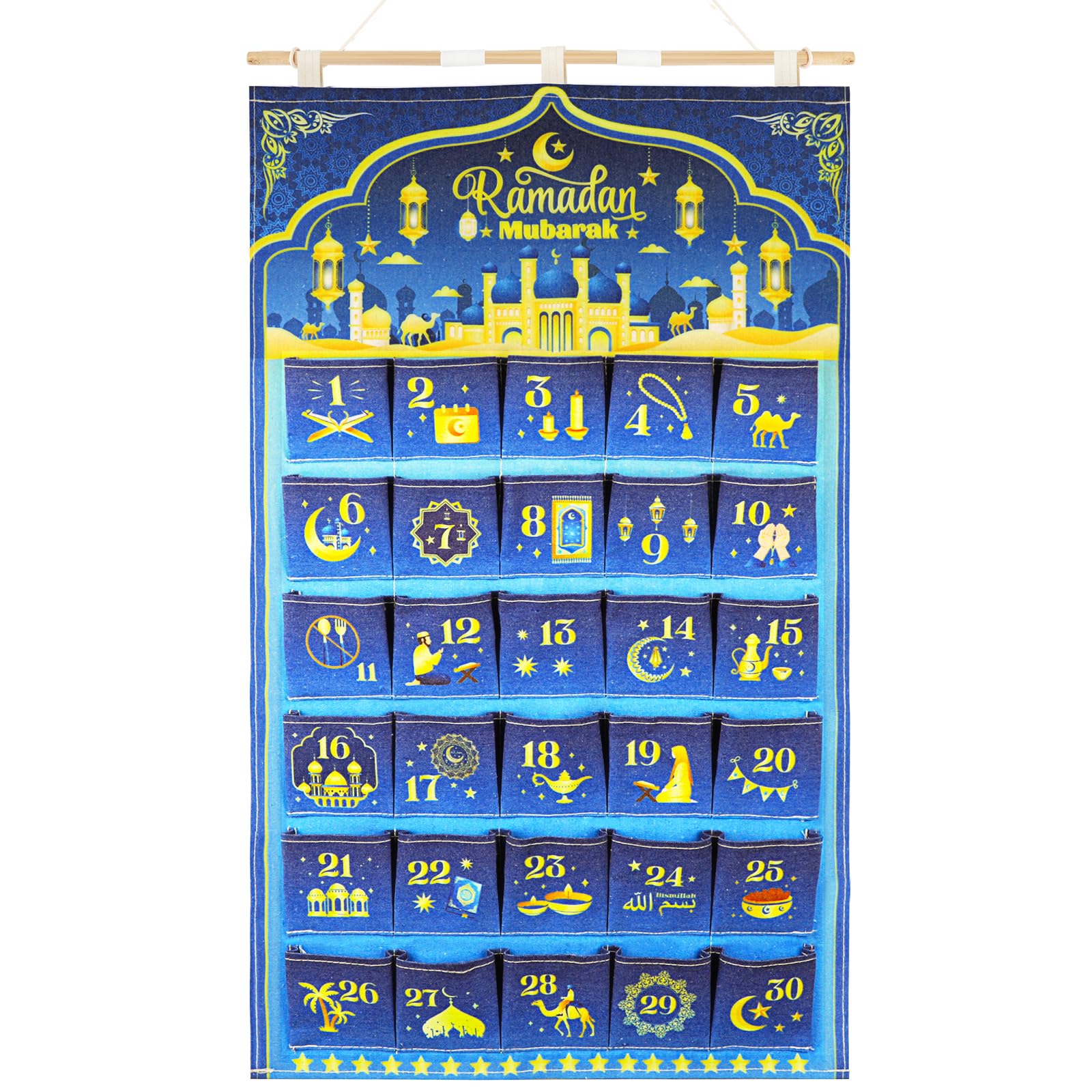HOWAF Ramadan Advent Calendar, Ramadan Mubarak Reusable Fabric Advent Calendar 30 Pockets Ramadan Calendar Ramadan Countdown Hanging Calendar, Eid Ramadan Decorations for Home, Blue Gold, 10X10CM