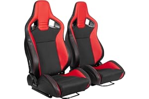 CIWUCSEAT 2 Pieces Universal Racing Seats with Dual Lock Sliders, Red PVC Leather Black Breathable linen Bucket Seats, For Car Use, Not Including Seat Bracket