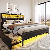 Rolanstar Queen Bed Frame with Storage Headboard & 4 Drawers, Metal Platform Bed with Charging Station, LED Single Bed with Side Shelf, No Box Spring Needed, Easy Assembly, Black