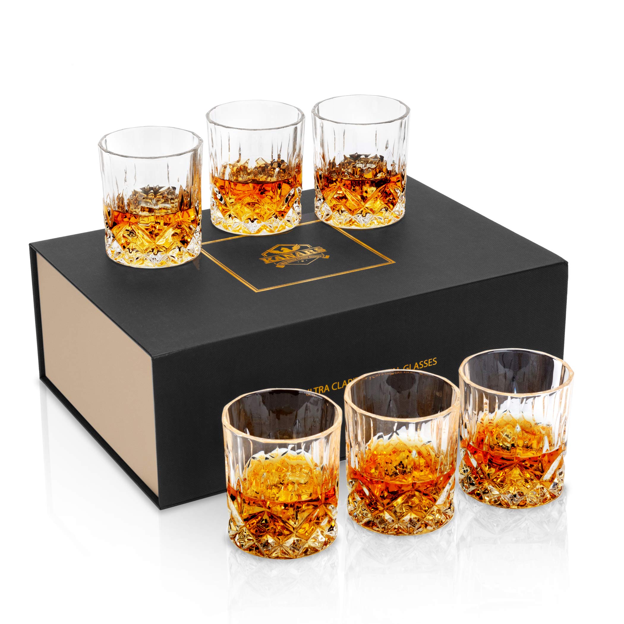 KANARS Whiskey Glasses Set, No-Lead Crystal Whisky Glass 300 ml for Cognac, Martini, Bourbon, Cocktail, Tequila, Unique Stylish Gift Box, 6-Piece