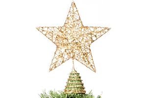 Joiedomi 8 inch Christmas Gold Glitter Star Tree Toppers Metal Lighted with 20 LED Lights for Xmas Decorations, Holiday Party
