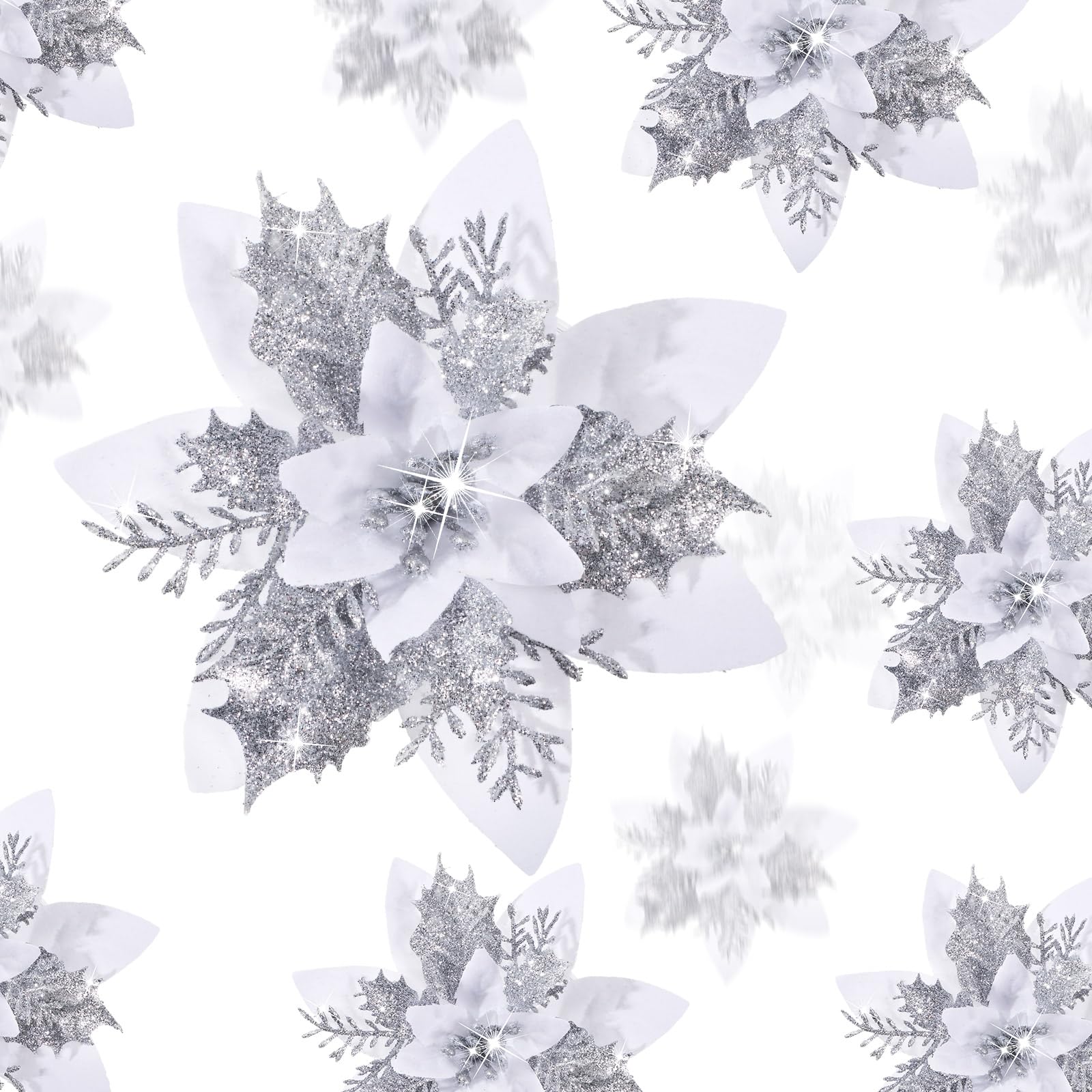 Geosar 24 Christmas Glitter Artificial Poinsettia Flowers Xmas Poinsettia Artificial Wedding Flowers Decorations Xmas Tree Ornaments with Clips for Party Favors, 6 Inch, 4 Inch, 3 Inch (White)