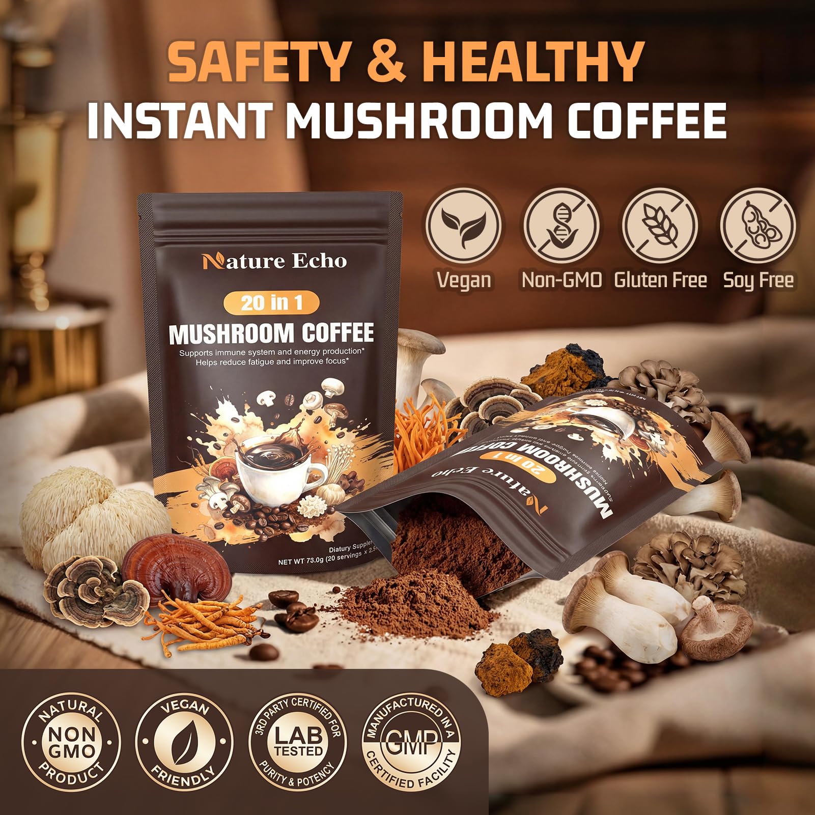 Nature Echo 20 in 1 Mushroom Coffee with Ashwagandha | Lion’s Mane, Reishi, Cordyceps & More - Instant Coffee Powder for Focus, Memory, Immune & Gut Support | 2.5 Ounce | Sugar Free