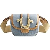True Religion Women's Crossbody Bag, Denim Mini Flap Adjustable Shoulder Handbag with Horseshoe Logo