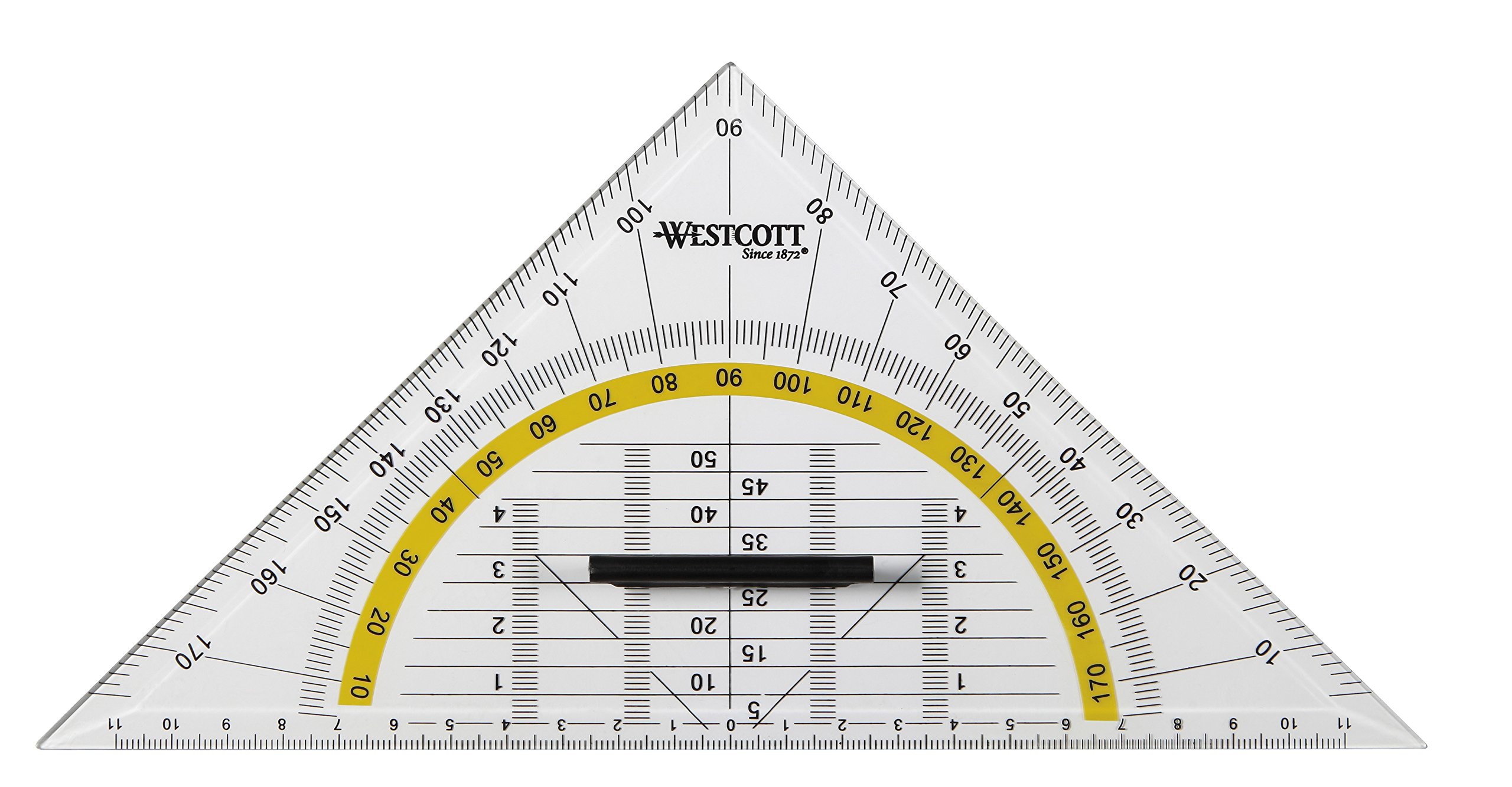 Westcott E-10134 BP-I Geometry Set Square with Detachable Plastic Handle, 22 cm, Clear, 1 pack with 20 scales