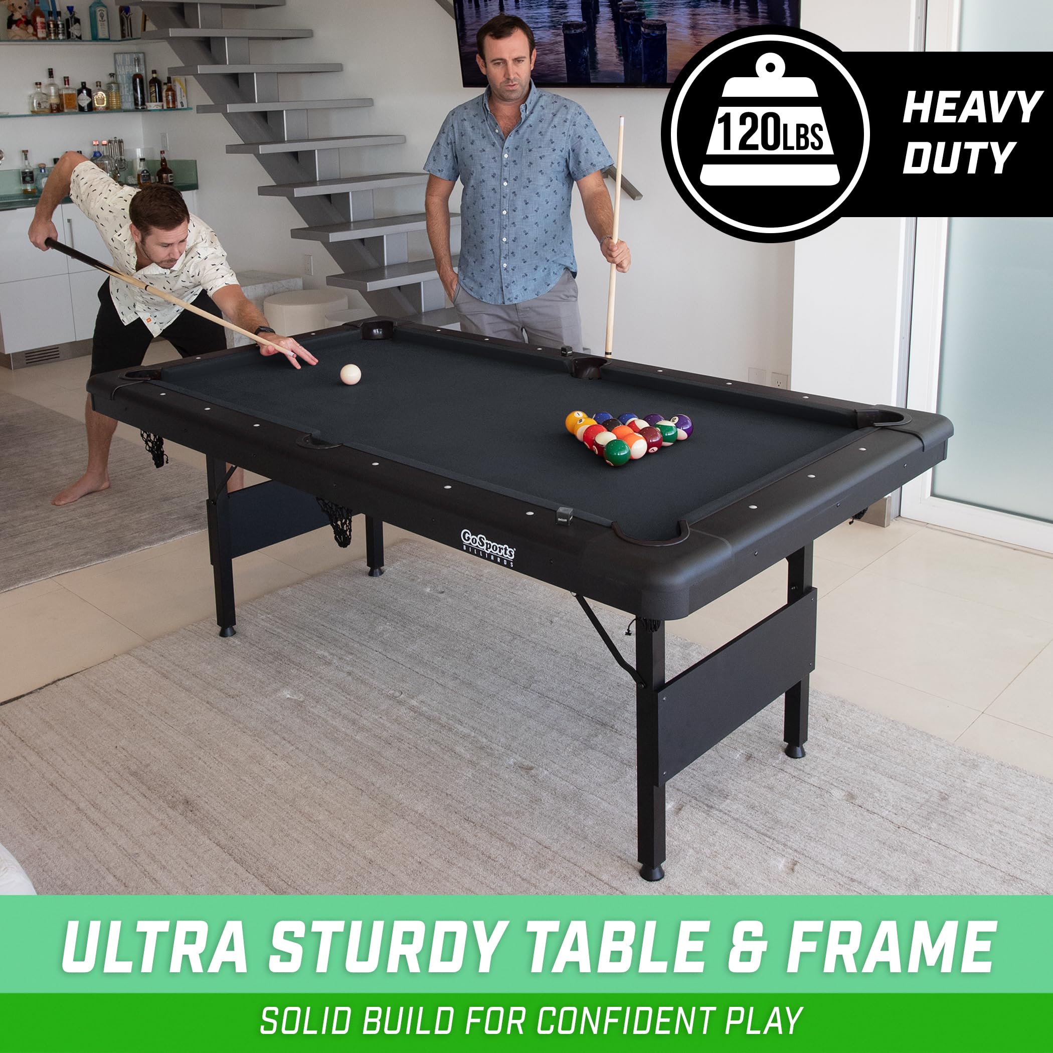 GoSports 6, 7, or 8 ft Billiards Tables - No Assembly, Choose Your Color - Portable Pool Table Includes Full Set of Balls, 2 Cue Sticks, Chalk and Felt Brush