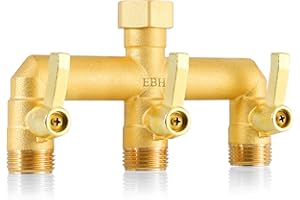 EBH Brass Garden Hose Splitter, 3 Way High Flow Outdoor Faucet Splitter,Full Flow 3-Way Brass Heavy Duty Hose Splitter With 3 Long Metal Handle and Individual On/Off Valve。