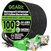 GEARit Cat6 Ethernet Cable 100ft, Direct Burial Outdoor Cat 6 Cable 24AWG High Speed Up to 10Gbps/550 MHz, LLDPE (PE) UV-Resistant Waterproof Jacket, CCA RJ45 Internet Cable for Router- Black