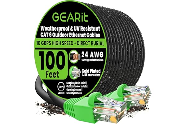 GEARit Cat6 Ethernet Cable 100ft, Outdoor Direct Burial Cat 6 Cable 24AWG High Speed Up to 10Gbps, LLDPE (PE) UV-Resistant Wa