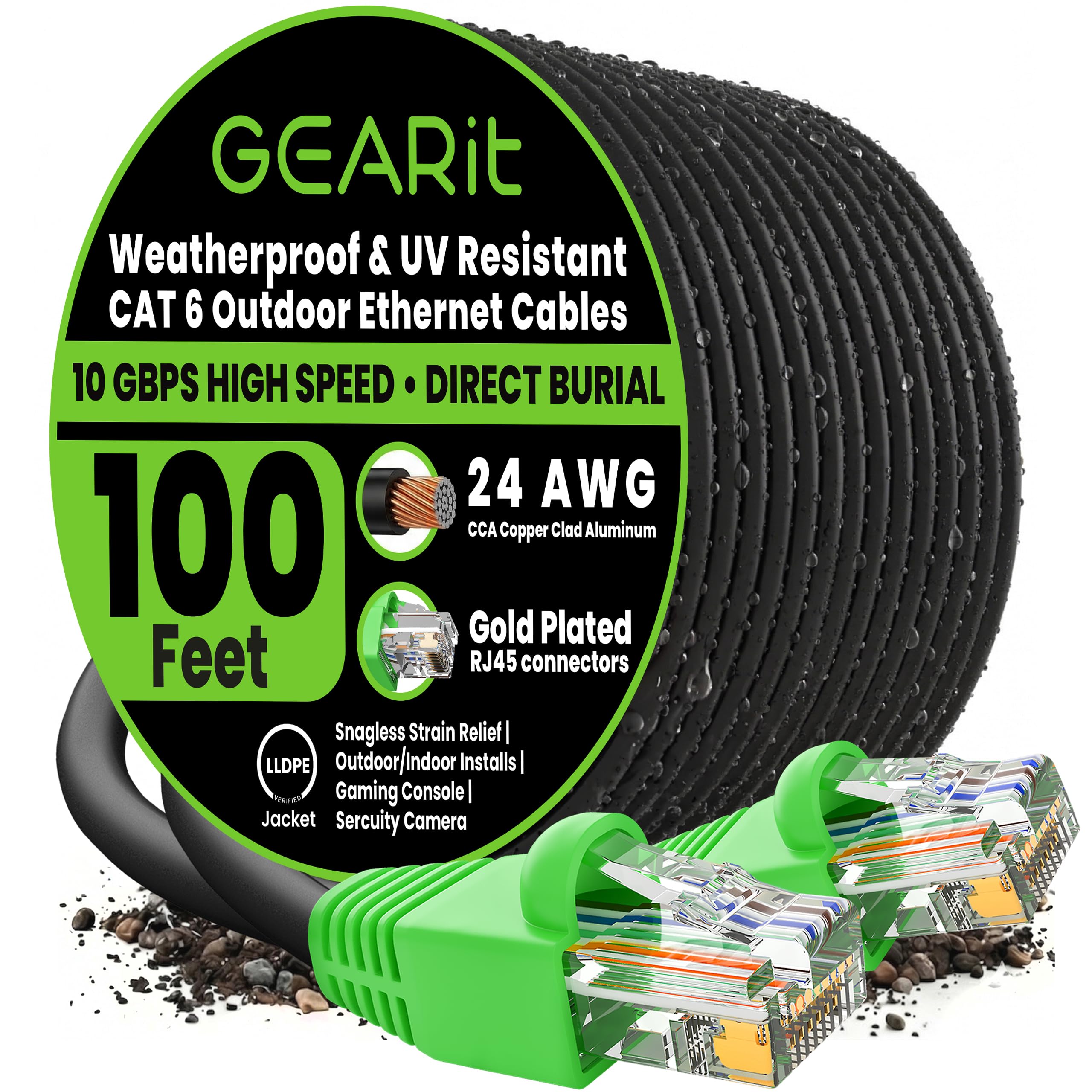 GEARit 34.8m Cat6 Direct Burial Ethernet Cable - Cat 6 Outdoor Waterproof, In-Ground, UV Jacket - UTP 550 Mhz High Speed Internet Broadband Network - CCA (34.8 Meters, 100 Feet)