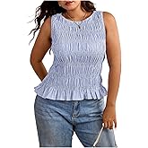 Floerns Women's Plus Size Striped Shirred Tank Top Sleeveless Ruffle Hem Smocked Camisole