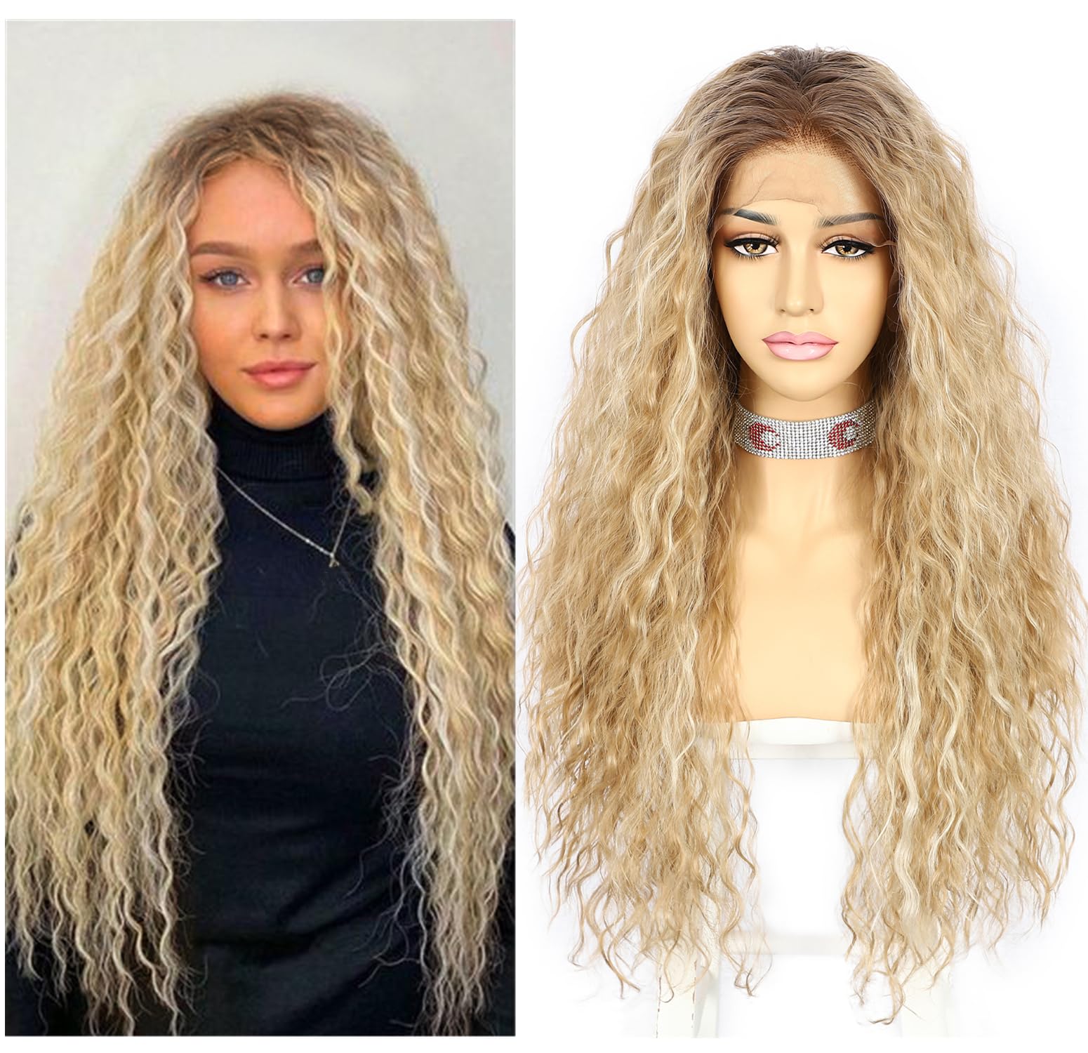 Sapphirewigs Curly Lace Front Wig Blonde Highlight Synthetic Wigs for Women Dark Roots 13x3 Daily Wear Party Christmas Halloween Heat Resistant 26 inch