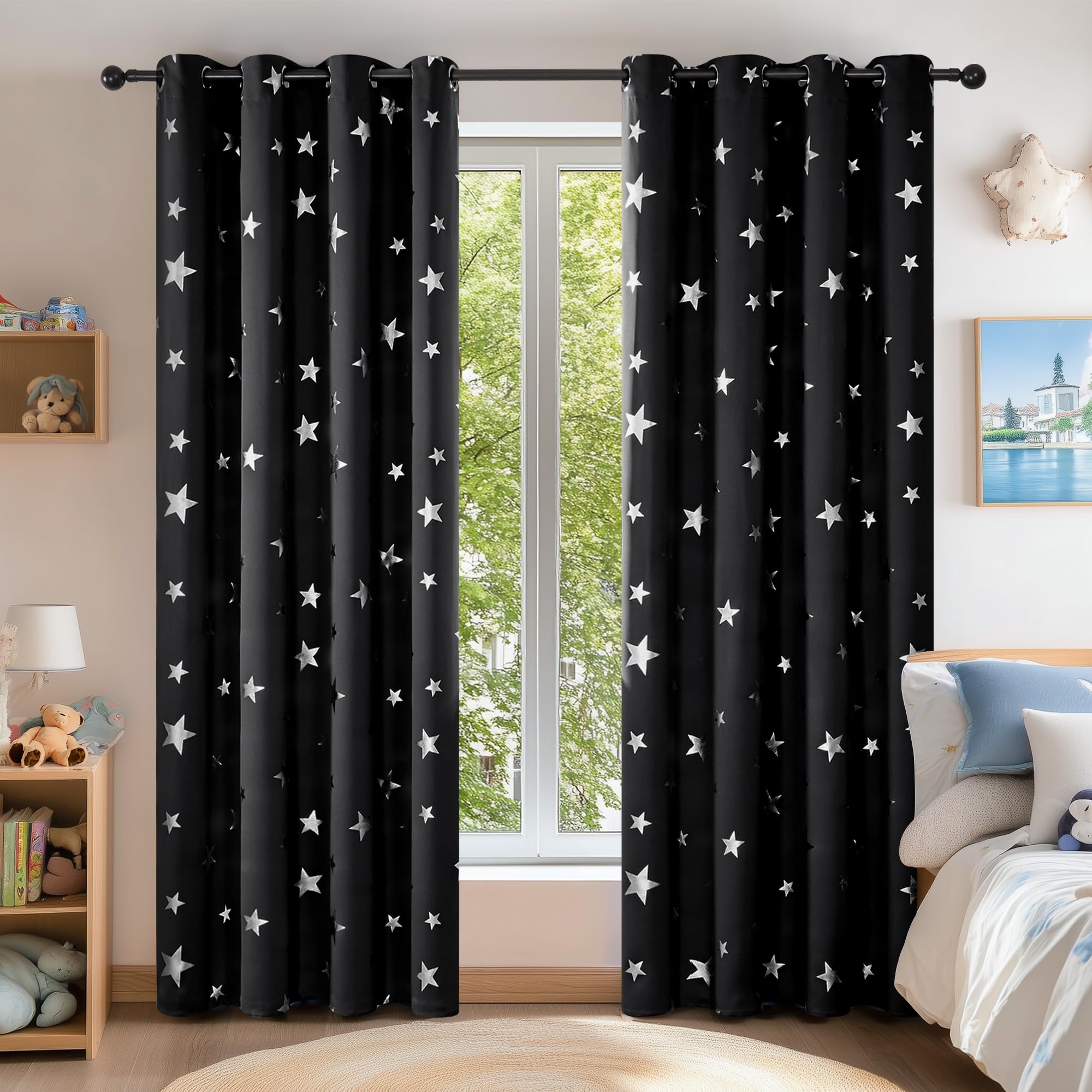 Deconovo Thermal Insulated Star Printed Eyelet Blackout Curtains Bedroom 52 x 72 Inch Drop Black 1 Pair