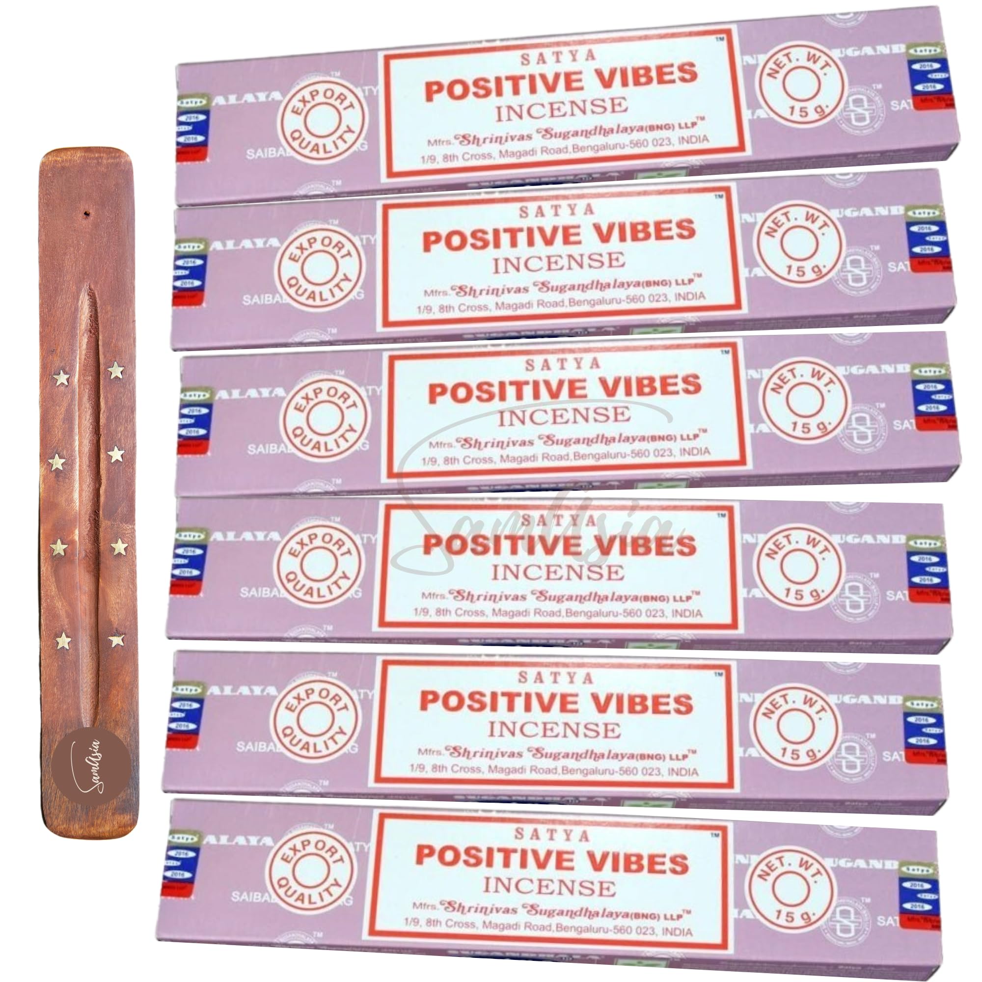 Satya Nag Champa Positive Vibes Incense Sticks | x6 pack | with SAMASIA incense sticks holder | Used for Aromatherapy, Spa, Yoga, Weddings, Meditation, Healing, Positivity and Relaxation