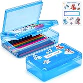 GAMENOTE Plastic Pencil Box with Personalized Sticker,Kid Hard Pencil Case with Snap-tight Lid,Small Art Craft Storage Containers,School Supplies Box for Boys,Girls (Double-Layer Blue)